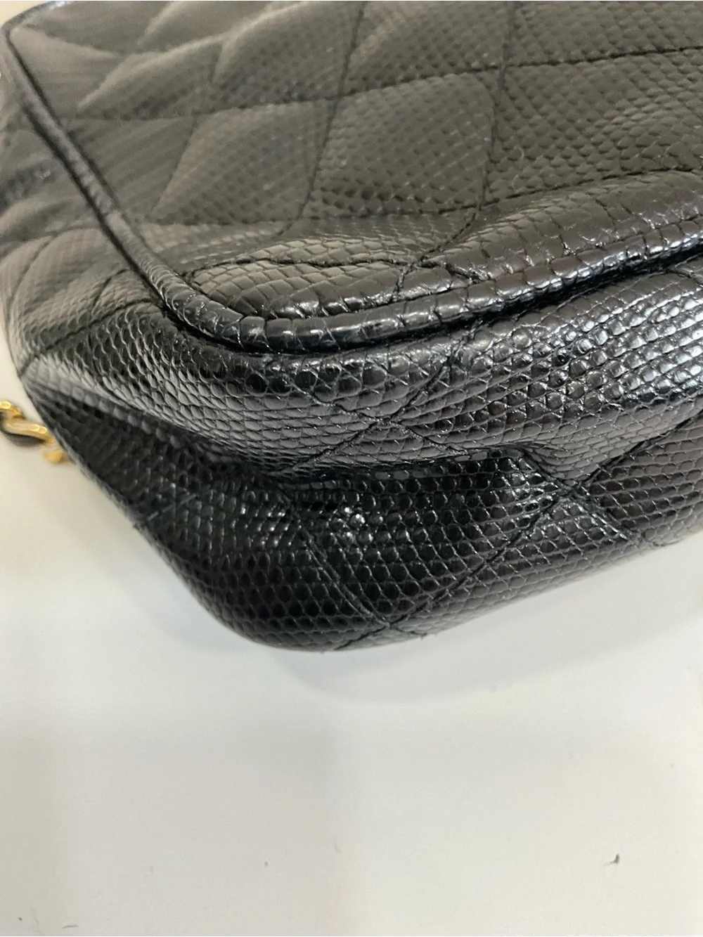 CHANEL Black Quilted Lizard Camera Bag CC Logo Tassel Gold Chain Crossbody CERT